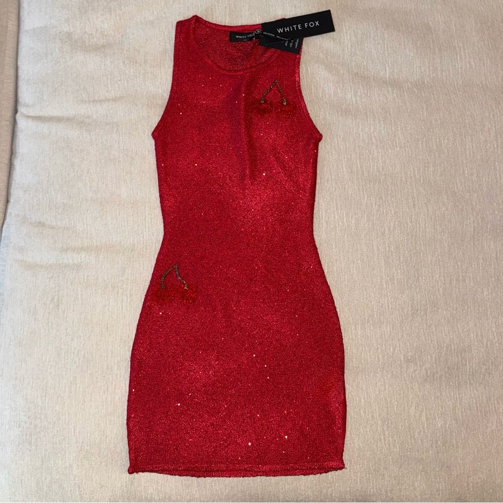 NWT White Fox Boutique Dress Inside Your Love Red Cherry Sequin Knit Crochet XS - Picture 6 of 9